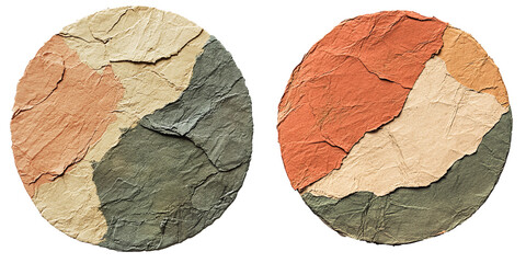 A round sticker featuring layered paper textures in earthy tones