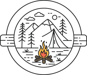 Camping Adventure Logo Design with Mountains and a Campfire line arts
