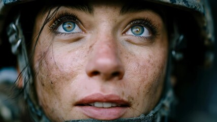 Female soldier gazes upward, wishing for peace amid the chaos of war in a poignant moment of reflection