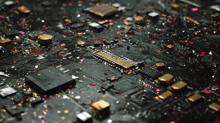 Obraz premium Close up detail of a complex computer circuit board highlighting technology and micro components