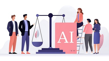 Illustration of Artificial Intelligence and Legal Balance Concept with People Engaging in Discussion