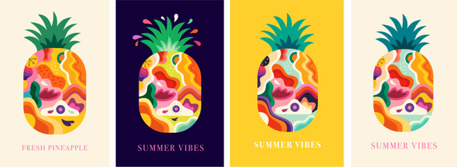 Decorative vector illustrations with colourful Pineapples fruits. Summer bright cover design.