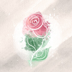 Cute watercolor delicate rose on a textured beige background, hand-drawn illustration. Sticker, postcard, sketch, watercolor flower, rose