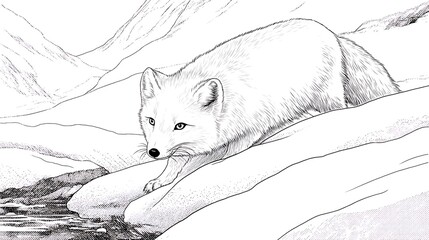 Hand-drawn illustration of a sleek white arctic fox poised near a tranquil mountain stream in winter landscape