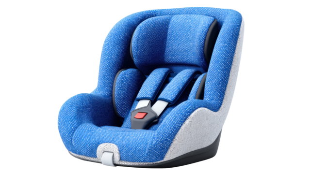 Child car seat isolated on transparent background with blue and gray fabric cover