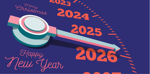 Congratulations on the New Year 2026 on the background of the speedometer counter. Vector illustration