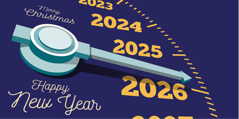 Congratulations on the New Year 2026 on the background of the speedometer counter. Vector illustration