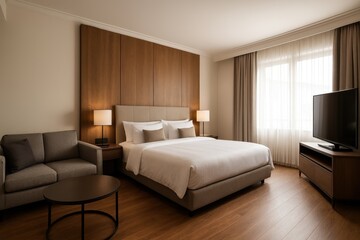 Fototapeta premium The modern bedroom interior is depicted in a 3D render with a wooden rattan bed and an empty marble wall, showcasing Scandinavian style