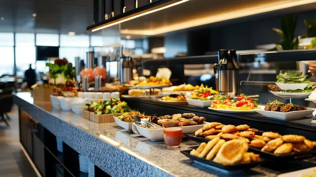 A buffet table with a variety of food and drinks, including a bowl of salad and a plate of cookies