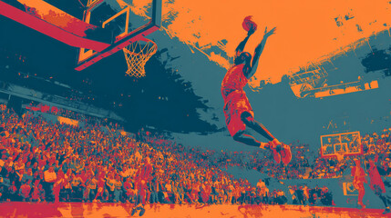 Dynamic Slam Dunk Action: Professional Basketball Player's Vibrant Athlete Performance in Front of Excited Crowd