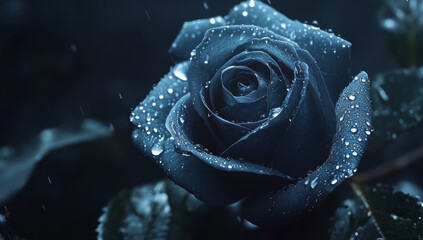 beautiful blue rose with water droplets on its petals, captured in close up shot. dark background enhances rose vibrant color and glistening droplets