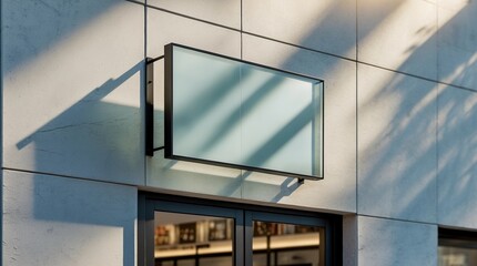 White sign with a black frame is hanging on a building
