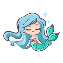 Cute Mermaid. Vector illustration of adorable little girl with fish tail. Comic children drawing. 