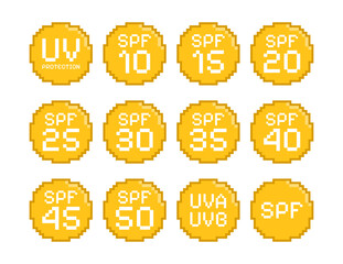 UV protection levels color icons pixel art vector objects for cosmetics packaging