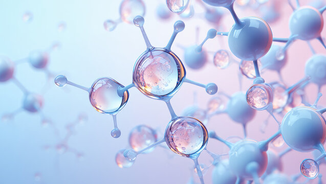 Collagen or retinol or ceramide molecule cosmetic moisturizing ingredient. Molecular structure swatch. Bubbles, moisturizer, liquid essence, serum or toner, beauty and cosmetics blue lilac background.