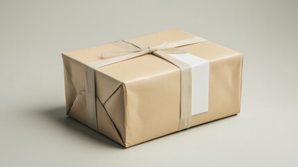 Obraz premium Brown Wrapped Gift Box with Ribbon on Neutral Background
