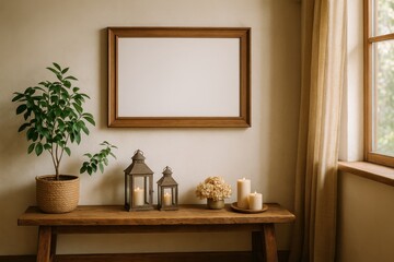 The interior design of a white living room features a blank picture frame mockup poster on a white wall