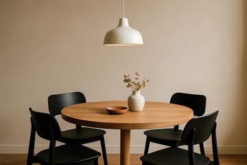 The interior of a home includes a dining room with wooden furniture, a floral arrangement, and a potted plant