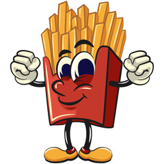 funny french fries cartoon mascot be healthy and strong enough to become a champion, fast food vector character isolated on white, work of hand drawn