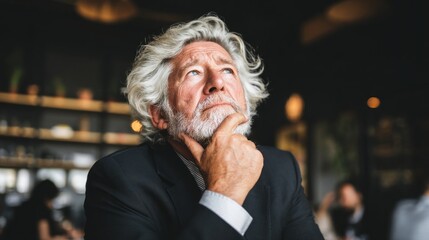 Close-up of senior white businessman thoughtfully pondering in a modern office setting during a bustling workday