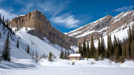 Snowy mountain landscape with cabin nestled in valley surrounded by towering cliffs and evergreen trees