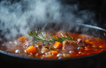 steaming pot of beef stew simmers with carrots, potatoes, and herbs, creating warm and inviting aroma. rich, hearty dish is perfect for comforting meal