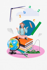Template poster trend artwork 3D photo collage of earth planet world pile book young girl sit university academic autumn class classroom