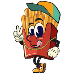funny french fries cartoon mascot wearing a hip-hop style hat and wearing a sparkling gold necklace, fast food vector character isolated on white, work of hand drawn