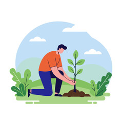 Person planting a young tree in a lush green landscape under a bright sky