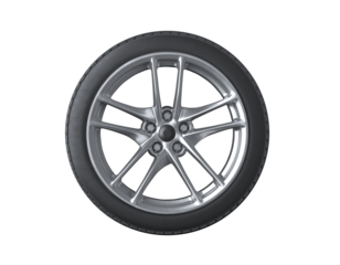 3d render of a Side view of car tire with metallic rim, isolated over transparent background, PNG cut-out
