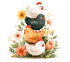 Stacked cute chickens surrounded by spring flowers, ideal for farmhouse prints, kids apparel, or Easter-themed crafts