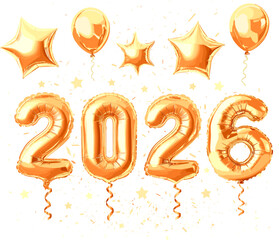2026 Happy new year with balloons, ribbons and confetti