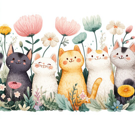 Adorable watercolor cats in a whimsical floral garden—ideal for cat mom gifts, nursery art, or cheerful springtime stationery, shelter promotion