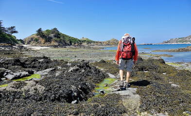 GR 34 le sentier des douaniers en Bretagne en France : de Plurien &agrave; Pl&eacute;neuf-Val-Andr&eacute; (faune et flore, Chapelle Saint-Michel &agrave; Erquy, les lacs bleus, Cap d'Erquy, pointe de Pl&eacute;neuf)