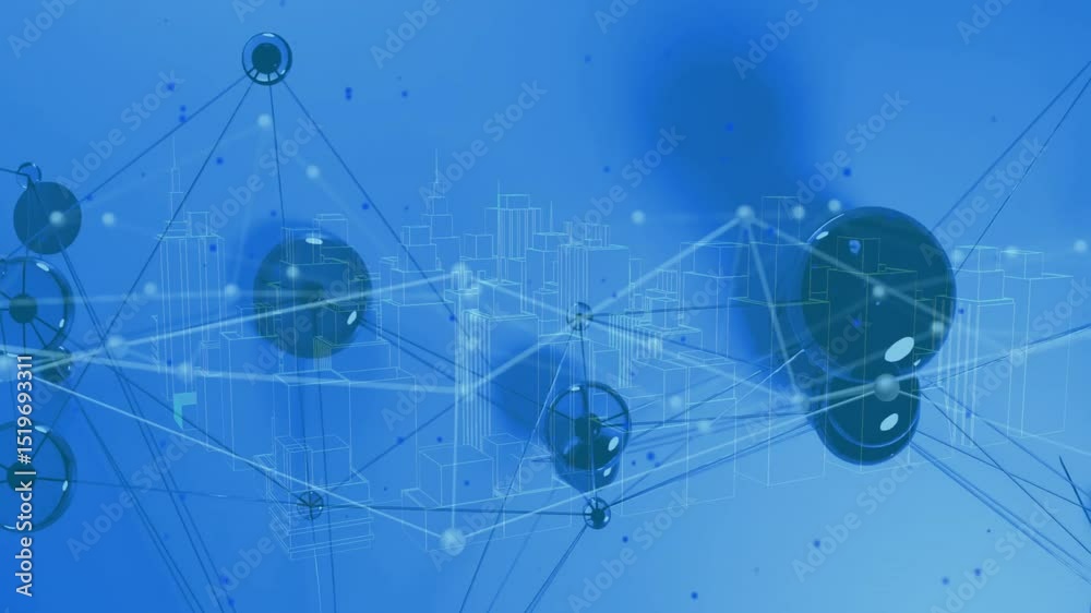 Poster opening on blue screen, dark nodes linking and pulsing on lines, expanding network visualizing data