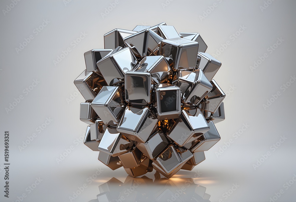 Aufkleber Abstract Metallic Cubes, Interlocking Design. Reflective Surface, Soft Lighting Creates A Stunning Visual. Geometric Composition, Modern Art. Perfect For Design Projects.