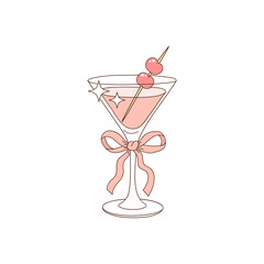Pastel Pink Coquette Cocktail with Cherry Garnish and Dainty Bow in High Stem Glass vector illustration isolated on white. Girly Drink party print design perfect for T-shirt, bachelorette party, girl