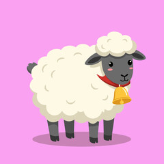 Cute cartoon sheep with a bell and scarf against a vibrant pink background