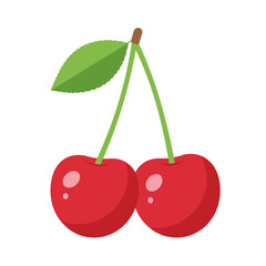 Two vibrant cherries with a green leaf against a clean white background