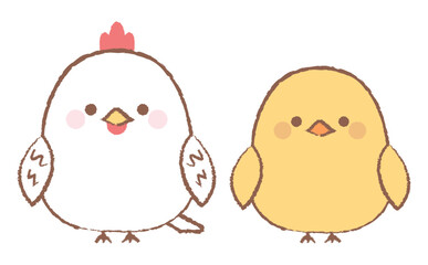 かわいいニワトリとヒヨコの手描き風イラストセット