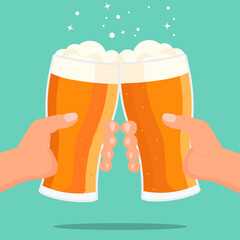 Hands holding pints of beer , cheers clinking glasses, birthday wedding celebration graphic element
