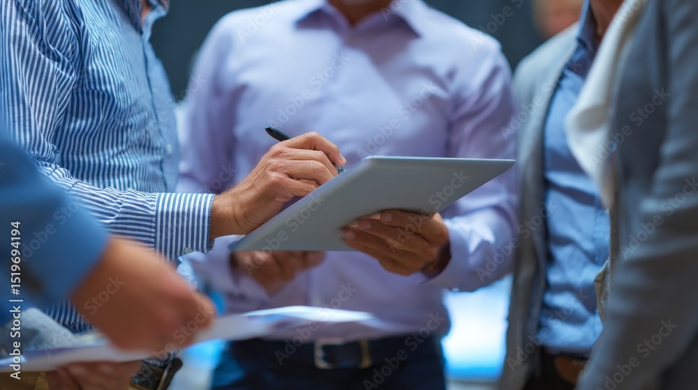 Aufkleber business meeting with professionals discussing ideas and strategies using a tablet in a modern offic