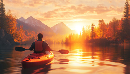 person in life jacket is kayaking on tranquil river during vibrant autumn sunset, surrounded by colorful trees and distant mountains. scene is peaceful and picturesque