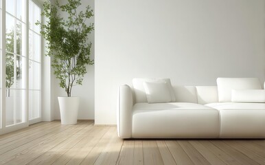 A minimalist white living room featuring a sofa and small side table, set against a laminate floor, showcasing a perspective on interior design through 3D rendering