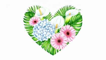 digital watercolor botanical illustration. Heart shape tropical flowers. Palm leaves calla lily hydrangea gerber. Floral arrangement isolated on white