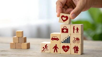 Wooden Blocks with Health Symbols for Wellness and Lifestyle Concept Development