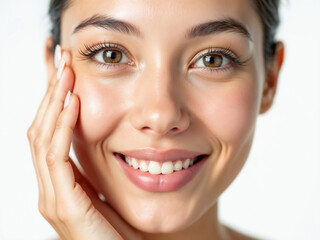 Obraz premium Cheerful brunette woman with a natural, open smile showing teeth, expressing genuine happiness and health