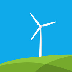 Fototapeta premium A solitary wind turbine stands against a clear blue sky, symbolizing renewable energy