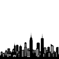 Obraz premium Silhouette of a city skyline at dusk with vibrant colors and soft clouds in the background