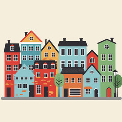 Naklejka premium Colorful illustration of diverse houses in a quaint neighborhood with a lamp post